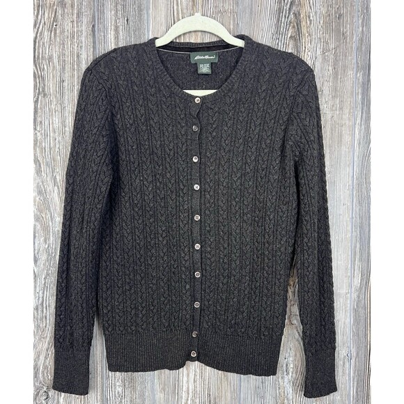 Eddie Bauer Sweater Womens XL Brown Cable Knit Cardigan Angora, Cashmere - Picture 1 of 11